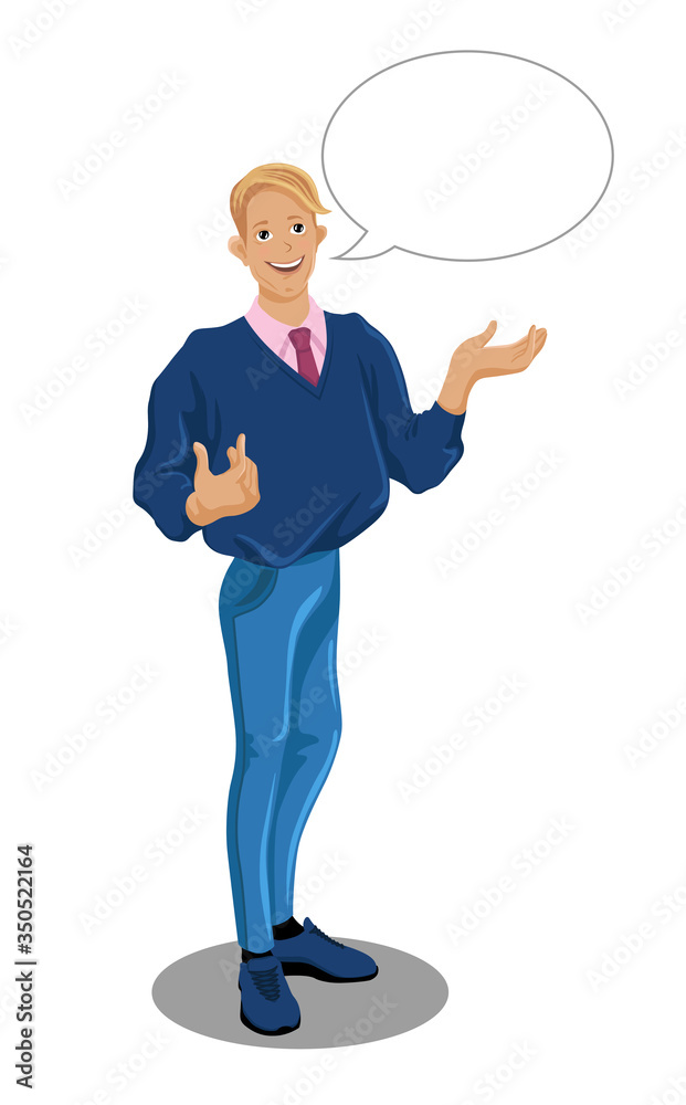 Cartoon character of office worker is talking. Standing and gesticulating man with a speech bubble. Speaking guy wearing jumper, jeans and tie. Vector illustration isolated on the white background Cartoon character of office worker is talking. Standing and gesticulating man with a speech bubble. Speaking guy wearing jumper, jeans and tie. Vector illustration isolated on the white background