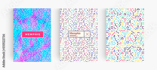 Geometric pattern, memphis style background set. Colorful linear minimalistic modern backdrop collection. Geometry elements kids wallpaper seamless vector texture. Isolated geometrical symbols print.