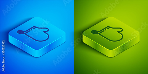 Isometric line Oven glove icon isolated on blue and green background. Kitchen potholder sign. Cooking glove. Square button. Vector