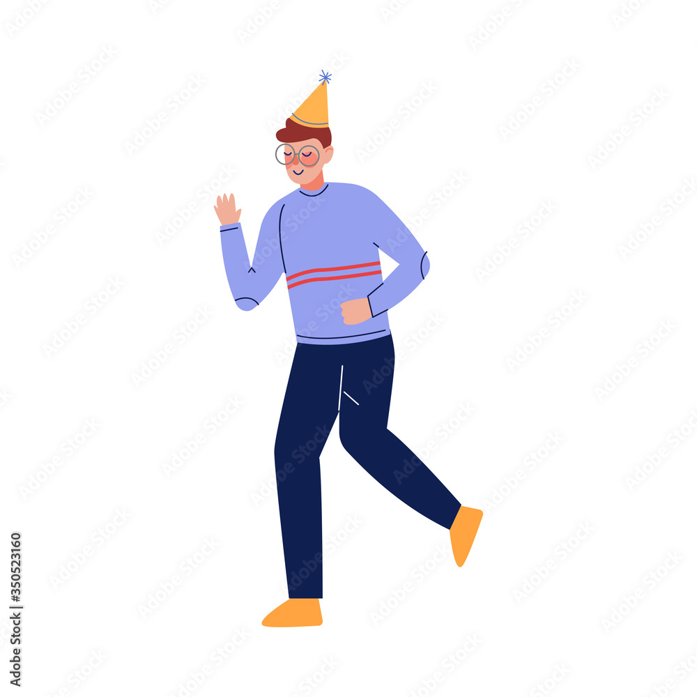 Teen Boy Wearing Party Hat Celebrating Birthday, Teenager Having Festive Party Vector Illustration