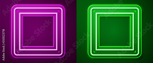 Glowing neon line Sewing Pattern icon isolated on purple and green background. Markings for sewing. Vector