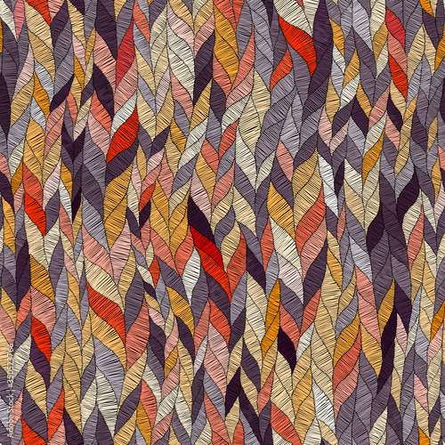 Embroidered wavy seamless pattern. Braided braids, ribbons, tows vertically directed. Grunge texture. Patchwork style ornament. Print for textiles, carpets, packaging vector.