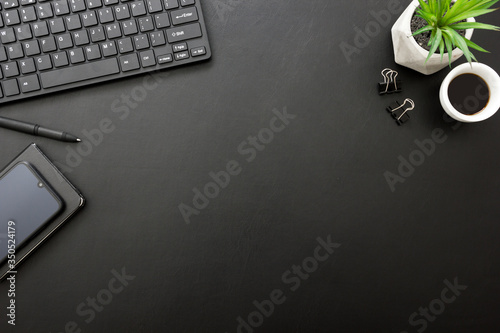 Office desk table with supplies. Flat lay Business workplace and objects. Top view. Copy space for text