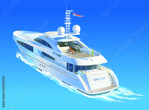 Color vector illustration. Yacht with a passenger moves on the sea