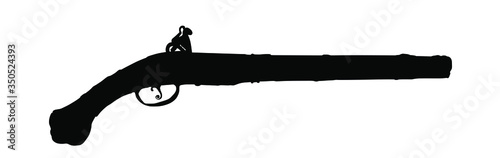 Musket silhouette. Flintlock old pistol symbol. Rustic vintage gun vector silhouette illustration isolated on white background.  