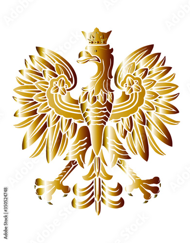 Gold Poland coat of arms, seal national emblem, isolated on white background. Vector illustration Coat of arms of Poland. Polish flag. Spread wings eagle silhouette shape shadow Poland national symbol