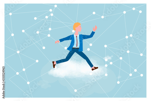 Cloud computing for business, concept. Layout with space for text, a businessman on background of sky. Quickly Syncing data from your with cloud storage
