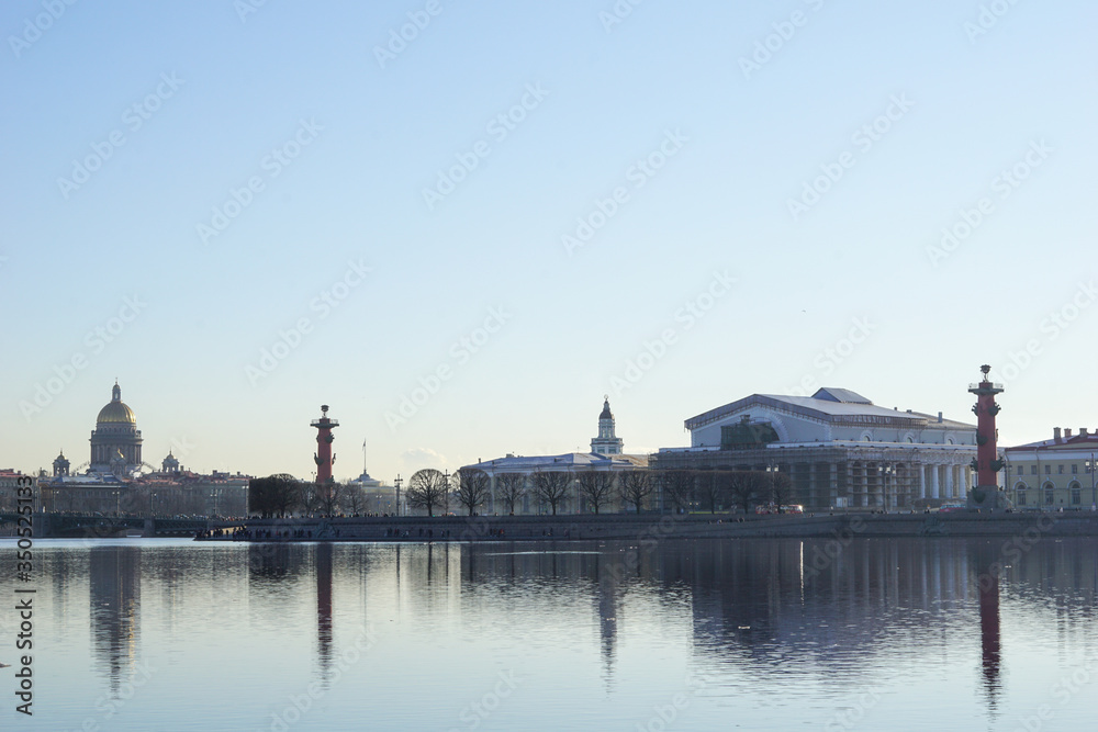 Panorama of St Petersburg, Russia, with golden dome of St Isaac cathedral Rostral Columns.