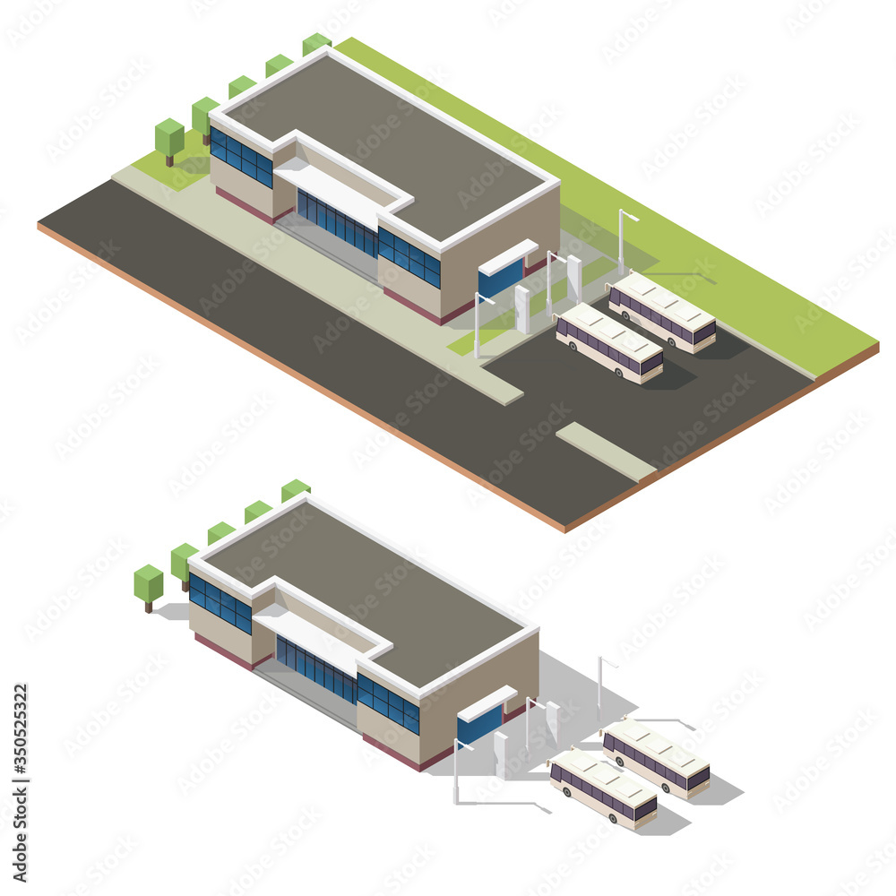 Isometric bus terminal with city buses. Bus station concept.