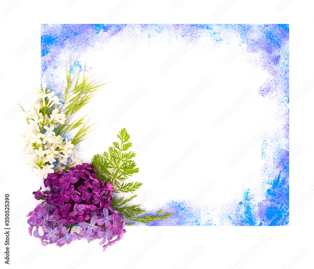 Bordr of purple lilac flowers and white frame for text and invitation. Top  view Stock Photo - Alamy