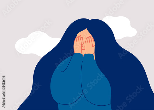 Sad female adolescent covers her face with palms. Concept of abuse and bully, Physical and emotional violence against women and adolescents. Vector illustration