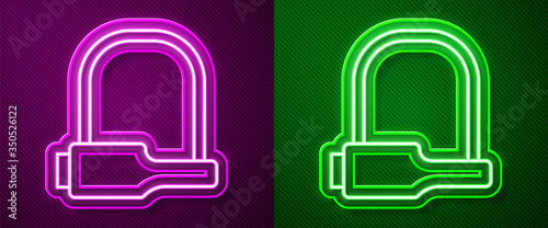 Glowing neon line Bicycle lock U shaped industrial icon isolated on purple and green background. Vector Illustration