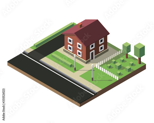 Vector isometric low poly house with small garden.