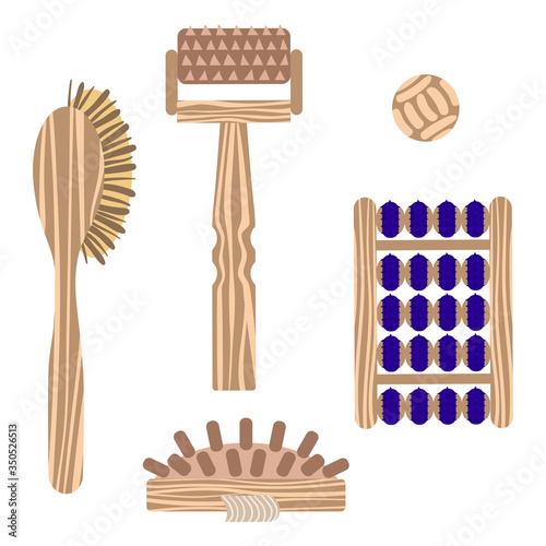 A set of massage applicators in a wooden case for massage and self-massage. Vector illustration.