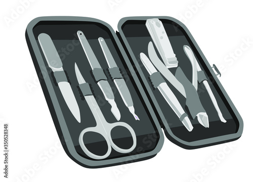 Set of manicure and pedicure tools and accessories vector illustration isolated on white background. Manicure scissors, eyebrow tweezers and nail clippers, beauty salon kit in zip bag. Nail care set.
