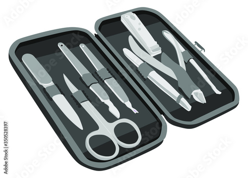 Set of manicure and pedicure tools and accessories vector illustration isolated on white background. Manicure scissors, eyebrow tweezers and nail clippers, beauty salon kit in zip bag. Nail care set.