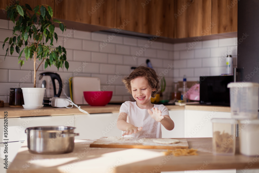 Little cute boy is cooking in the kitchen single laughs and enjoys. A child learns to cook a meal of flour. Fun leisure childhood development creativity. Help mom. life style European Caucasian kid Little cute boy is cooking in the kitchen single laughs and enjoys. A child learns to cook a meal of flour. Fun leisure childhood development creativity. Help mom. life style European Caucasian kid