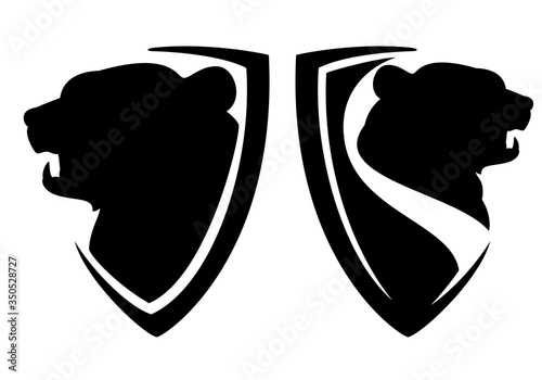 roaring bear head in heraldic shield - modern style coat of arms emblem for security concept black and white vector design