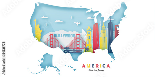 USA America Travel postcard, poster, tour advertising of world famous landmarks. Vectors illustrations