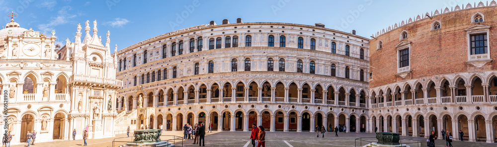 Panoramic of the inner courtyard of the Doge's Palace and the Basilica, Piazza San Marco in Venice in Veneto, Italy