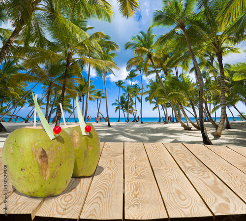 Wooden tabletop with coconu...