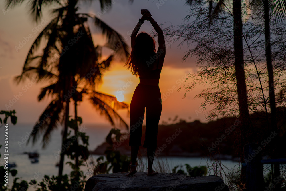  Silhouette of a girl on a sunset background