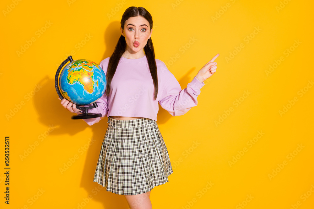 Fototapeta premium Portrait astonished school girl hold globe impressed ecological environment knowledge scream point finger copy space wear pink sweater checkered outfit isolated bright shine color background