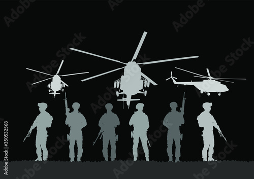 Army soldiers with sniper rifle on duty vector silhouette (Memorial Veterans day, 4th of July Independence day) Soldier keeps watch on guard. Rangers on border. Commandos team unit. Special force crew