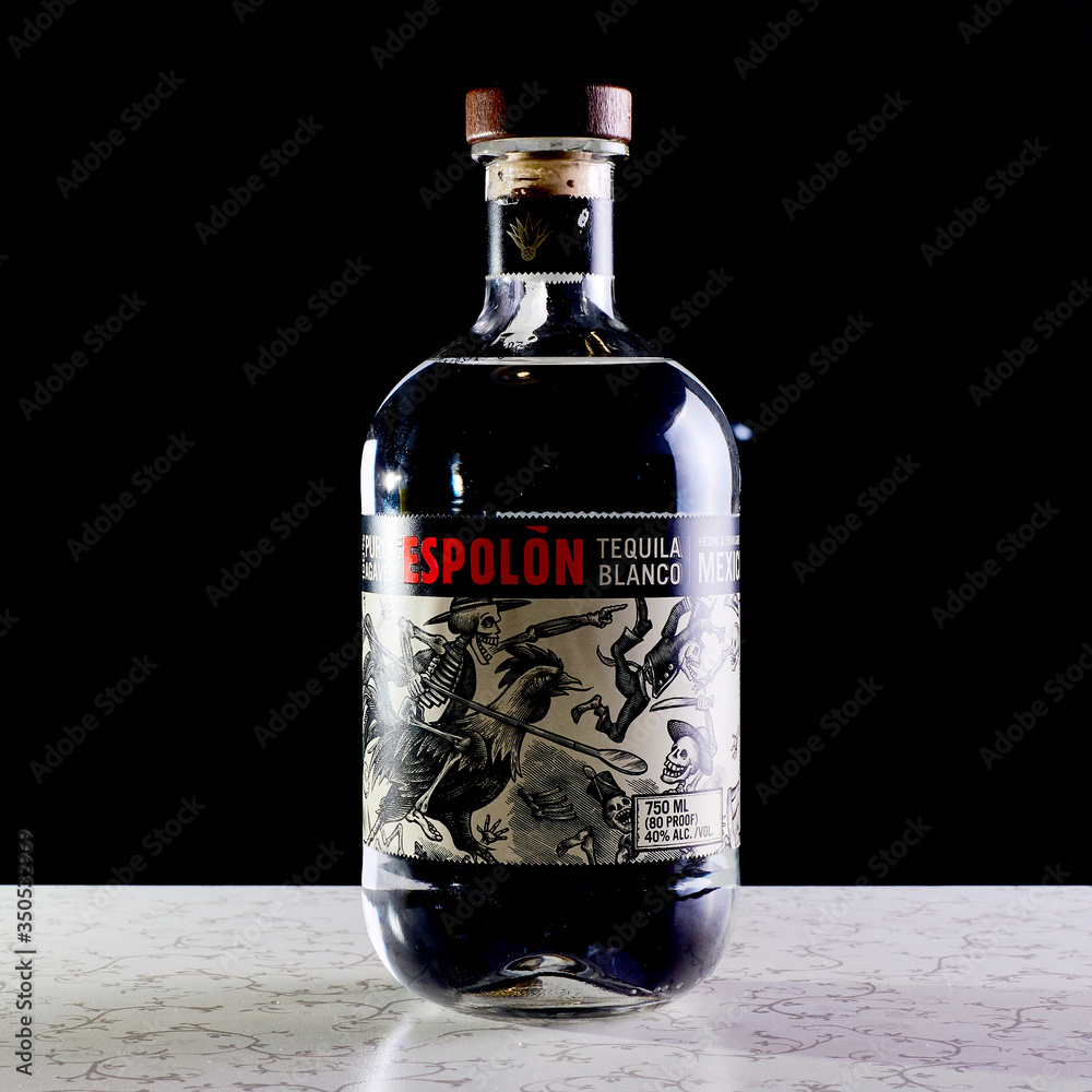.Kiev, Ukraine May 16, 2020 Closeup of Espolon Tequila made from 100