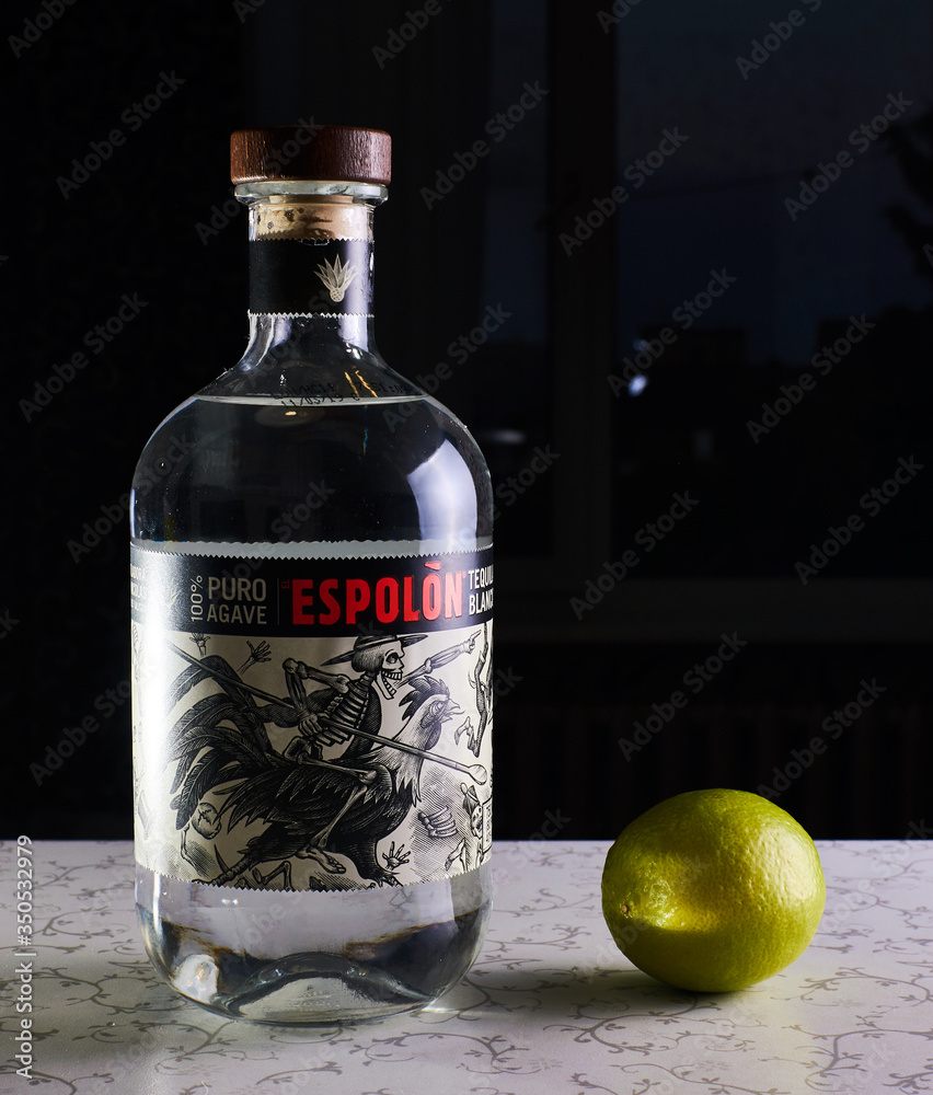 .Kiev, Ukraine May 16, 2020 Closeup of Espolon Tequila made from 100
