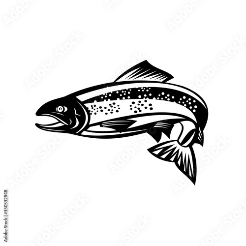 Brown Trout Fish Jumping Woodcut Retro Black and White