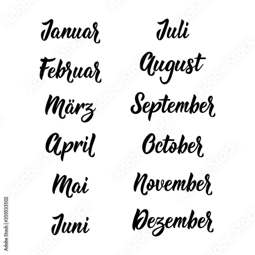 Translation from German - January, February, March, April, May, June, July, August, September October November December. Vector illustration. Lettering. Ink illustration.