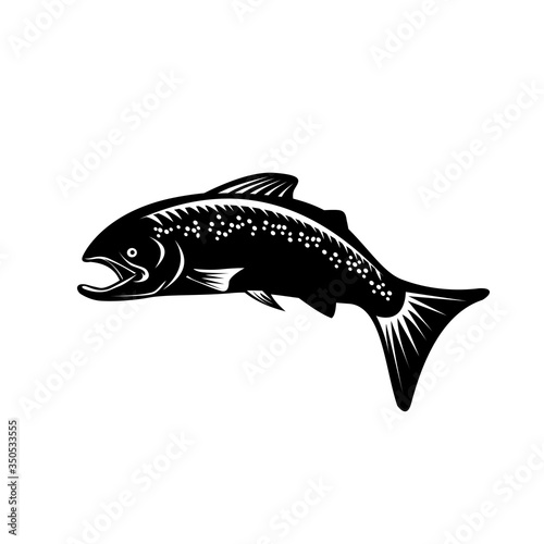 Speckled Trout Fish Jumping Woodcut Retro Black and White