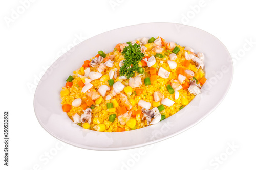 Seafood fried rice on isolate white background, com chien hai san
