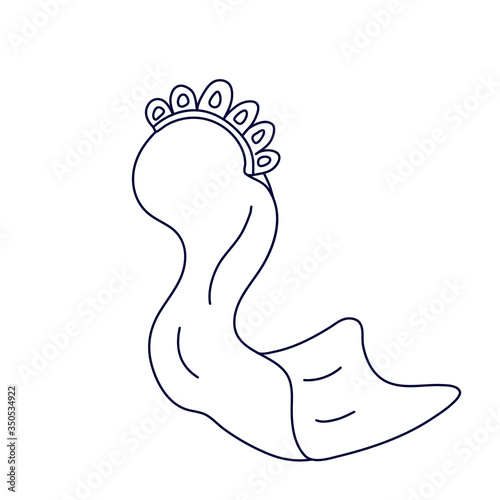 Wedding diadem with veil in doodle style. Hand drawn vector illustration in black ink isolated on white background.  Great for coloring book.