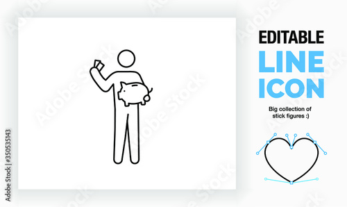 Editable line icons of personal finance saving money in a piggy bank, part of a huge set of editable line icons! 