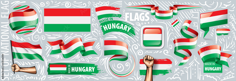Fototapeta premium Vector set of the national flag of Hungary in various creative designs