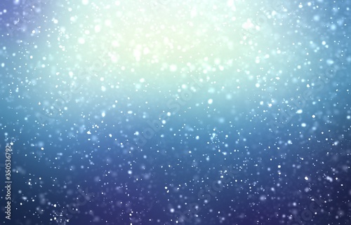 Winter snow weather abstract illustration. Dark blue blur background. Soft light from top.