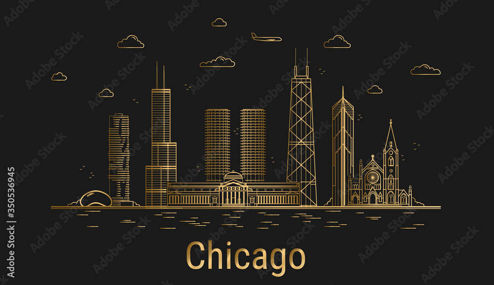 Chicago city line art, golden architecture vector illustration, skyline ...