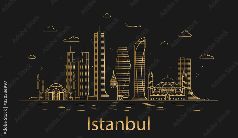 Obraz premium Istanbul city line art, golden architecture vector illustration, skyline city, all famous buildings.
