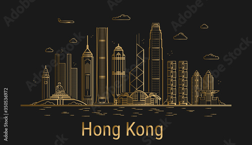 Hong Kong city line art, golden architecture vector illustration, skyline city, all famous buildings.