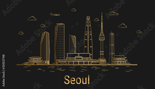 Seoul city line art, golden architecture vector illustration, skyline city, all famous buildings.