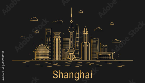 Shanghai city line art, golden architecture vector illustration, skyline city, all famous buildings.