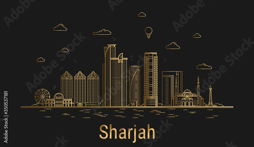 Sharjah city line art, golden architecture vector illustration, skyline city, all famous buildings.