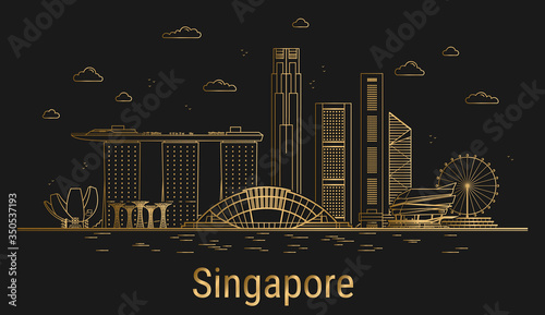 Singapore city line art, golden architecture vector illustration, skyline city, all famous buildings.
