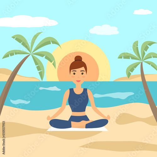 Cute young woman doing yoga asana lotus pose on the beach with sunset background. Beautiful woman sitting on the seaside beach doing exercise and meditation for relaxing.