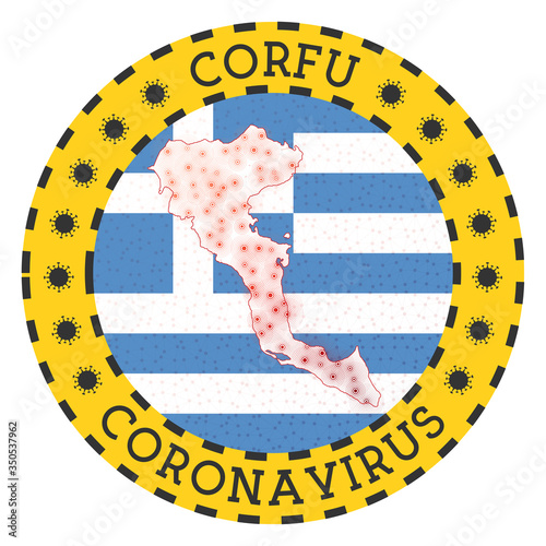 Coronavirus in Corfu sign. Round badge with shape of Corfu. Yellow island lockdown emblem with title and virus signs. Vector illustration.