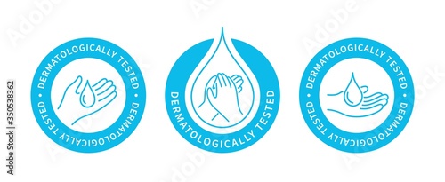 Dermatologically tested, vector sticker or label. Ready icons set for use on packages design of dermatological products. Label design with, hand and drop of water logo.