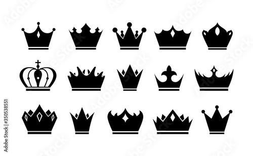 Set of vector crowns icons or logos. Crown silhouettes isolated on white background.