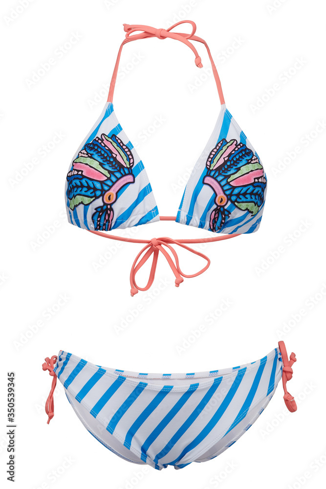 Detailed shot of blue and white two-piece swimsuit consists of bikini and a triangle bra with thin straps. The striped swimsuit with printed Roaches on the bra is on the white backdrop. Detailed shot of blue and white two-piece swimsuit consists of bikini and a triangle bra with thin straps. The striped swimsuit with printed Roaches on the bra is on the white backdrop.